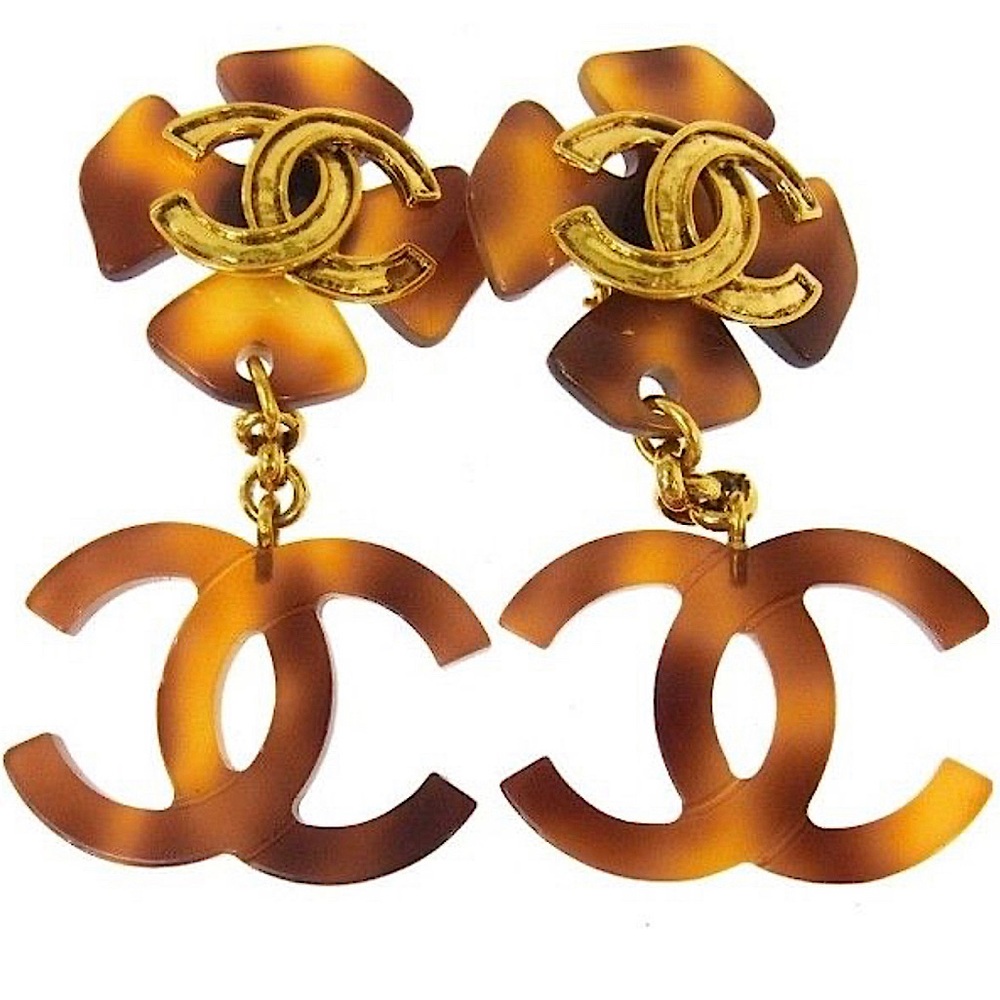 VINTAGE CHANEL TORTOISESHELL DANGLE CC EARRINGS